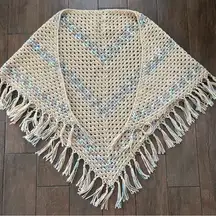 Crocheted Boho Tan/Blue Triangular Fringe Shawl-OSFA