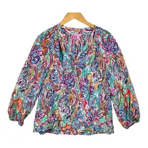 Lilly Pulitzer 100% Silk Elsa Blouse What A Catch Swirly Fish Print Size Medium