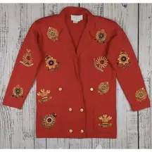 Vtg Crest All Over Embroidered Blazer Jacket Double Breast Grandma Cardigan Sz S
