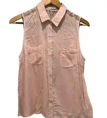 ACEMI Sleeveless Button Shirt Pale Pink Sz M Lace Back Preppy Boho Cottage NEW