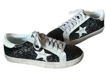 GONR Womens Star Glitter Sneaker Shoe Size 38 Black White Lace Up Casual Low Top