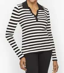 Talbots Size L Ribbed Knit Johnny Collar Pullover Mariner Stripe Top Black White