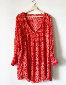 Free People Marlow Boho Mini Dress Tunic Red Combo S