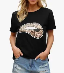 Blooming Jelly Leopard Lips Graphic Print T-shirt Black Peach Large