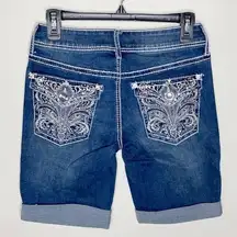 Apt.9 fleur de Lis embroidered and bedazzled denim Bermuda shorts size 2