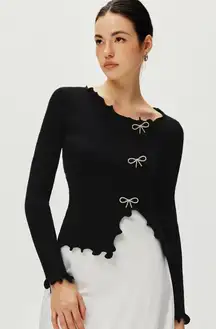 Commense Rhinestone Bow Lettuce Trim Chic Girly Black Stretch Sweater XL