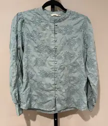 Anthropologie Let Me Be Button Down Blouse Embroidered Floral Fish Aqua Sz Small
