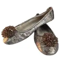 Anne Klein Sport " Bauble" Bronze Metallic Snake Flats Beaded Pom Pom Sz 9