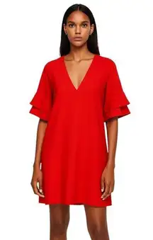 Zara Red V Neck Short Ruffle Flutter Short Sleeve Tiered Mini Shift Dress Sz S