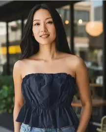 new 7 for All Mankind® ㋛ Shiny Taffeta Strapless Peplum Top  ㋛ Midnight Navy ㋛ L