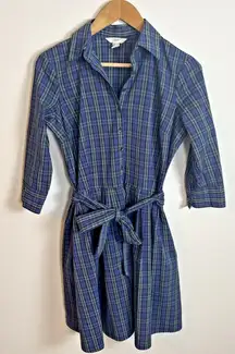 Lands End Canvas Plaid Shirt Dress Sz 2 Blue Green Button Up Long Sleeve