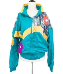 London Fog VINTAGE 80s 90s Color Block Windbreaker Jacket Teal Floral Size Large