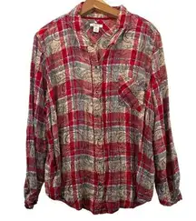 Womens Button Shirt Plus Sz 2X Red Plaid Paisley Overprint Rayon LS Boho Casual