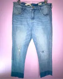 Pilcro and the Letterpress Anthro Pilcro Em Relaxed Cropped Distressed Frayed Jeans Light Denim Size 32