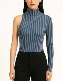 Zara Blue Striped One Shoulder Long Sleeve Mock Neck Crop Sweater Top Size M/L