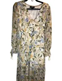 New Aakaa White Sheer Maxi Dress Small Feminine Pastel Florals Fringe