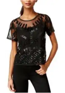 Bar‎ III Front Row Black Sheer Beaded Short Sleeve Top Women's Size M