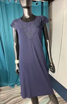 Talbots XS Navy Blue Cotton Knit Dress Eyelet Embroidered Cap Sleeve Casual