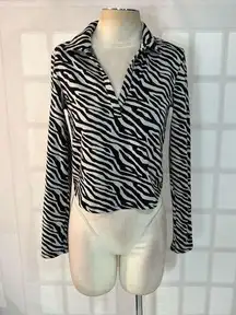 Industry Black White Collared Zebra Print Long Sleeve Knit Top Size Medium