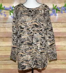 Chico's Brown Abstract 3/4 Sleeve Thin Knit Top Sweater Size 2 US L Boat Neck