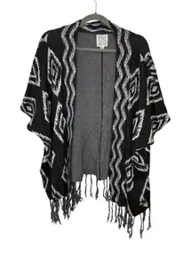 Billabong Black White Aztec Fringe Open Front Boho Kimono Cardigan Festival L