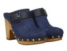 Veronica Beard Dacey Buckle Platform Clogs Eclipse Blue Denim Mules Slip On 6