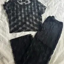 Ghanda Black Sheer Floral Top and Midi Skirt Set