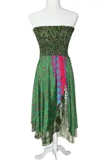Vintage Silk‎ Pixie Dress S/M Midi Smocked Layered Boho Cottage Gypsy Fairy