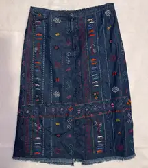 Liz & Me vintage Denim Midi Skirt Embroidered Southwestern Boho Fringe Funky 16