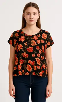 C’est La Vie Women’s Black Floral Short Sleeve Blouse - Size Petite Large NWT