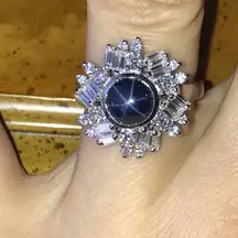 Natural Blue Star Sapphire Moissanite Sterling Silver Ring