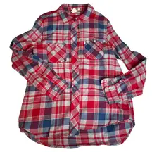 LEVIS Red Blue Button Up Longsleeve Plaid‎ Blouse Collared Fall Top Medium