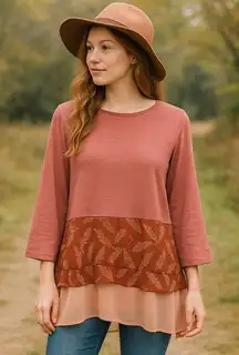 Logo Lounge Layered Womens Top Sz S Rust Boho Mixed Media Cottagecore Chiffon