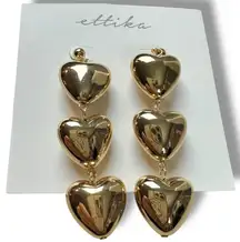 Revolve Ettika 18k Gold Plated Heart Triple Drop Earrings Puffy NWT Dangles