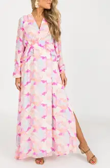 Buddy Love Eden Dazed Maxi Dress Long Sleeve size Large Pink Blue