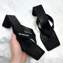 Balenciaga Double Square Toe Thong Block Heeled Sandals Black Designer Retro 36