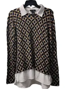 Investments Geometric Print‎ Blouse White Collar Long Sleeve Top Size M