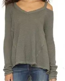 Free People Moonshine Cold Shoulder Thermal Waffle Knit Sweater Women’s L Green