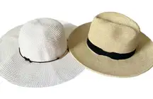 Set of 2 Bundle Beach Pool Sun Floppy Hats White Natural