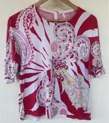 Balla Valentina Silk Cashmere Paisley Print Red Short Sleeve Top Luxury Elegant