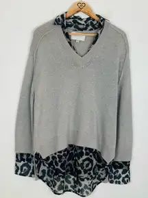 Brochu Walker taupe oversized wool cashmere sweater w/ leopard print collar cuff