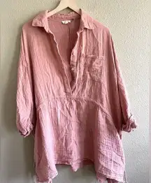 Elan boho oversized 100% cotton Drawstring pink top cover up coastal Medium