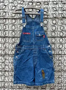 Vintage 90s Y2K Pooh Logo Image Denim Jean Shortalls Overalls Multi Pocket SMALL