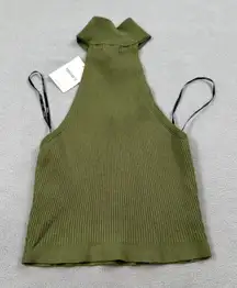 NWT Forever 21 Sweater Top L Women Halter Ribbed Knit Olive Green Backless Party