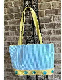 Quacker Factory Resort Blue White Seersucker Seashell Tote Bag Yellow Tr…