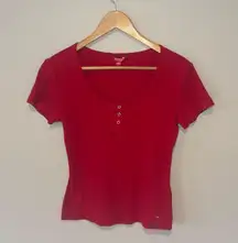 GUESS Women’s Ribbed Short Sleeve Red T-Shirt w/ Scoop/Round Neck Like New Large