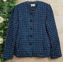 Koret Tweed Boucle Collarless Buttoned Blazer Jacket Blue Teal Size Petite 6