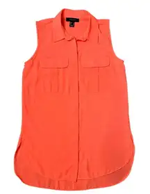 Atmosphere Neon Orange‎ Chiffon Collared Blouse Flap Pockets 4 Hyperpop Casual