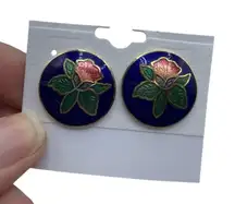 Vintage Enamel Cloisonné Blue & Pink Flower Studded Earrings Boho