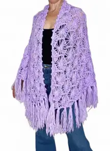 Vintage 70’s Glentey Purple Fringe Hippie Boho Crochet Shawl Shrug Poncho